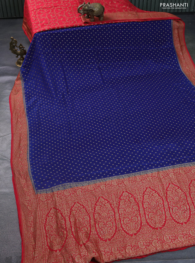 Banarasi crepe partly saree blue and red with allover thread & zari woven butta weaves and woven border