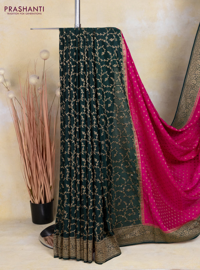 Banarasi crepe partly saree pink and dark green with allover thread & zari woven butta weaves and woven border