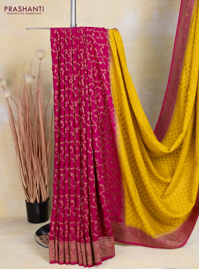 Banarasi crepe partly saree yellow and pink with allover thread & zari woven butta weaves and woven border