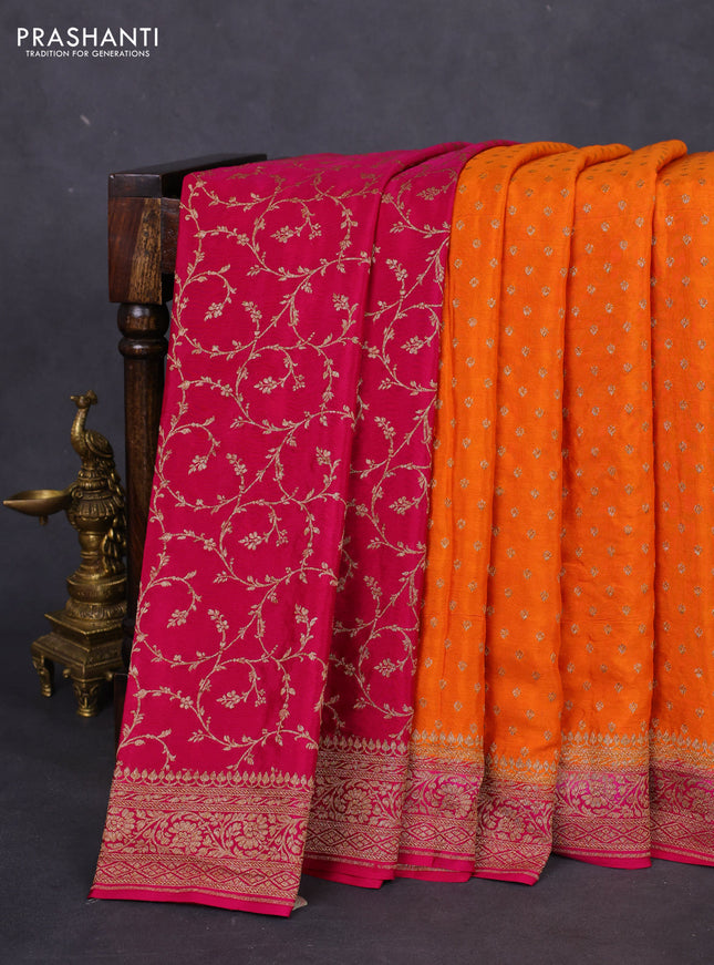 Banarasi crepe partly saree orange and pink with allover thread & zari woven butta weaves and woven border