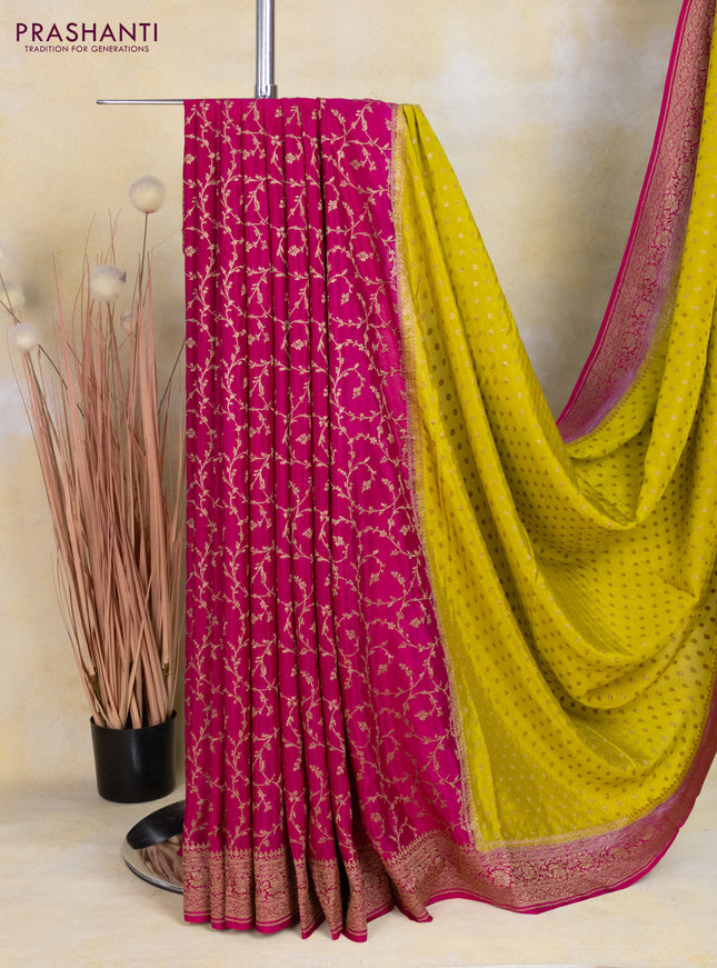 Banarasi crepe partly saree lime yellow and pink with allover thread & zari woven butta weaves and woven border