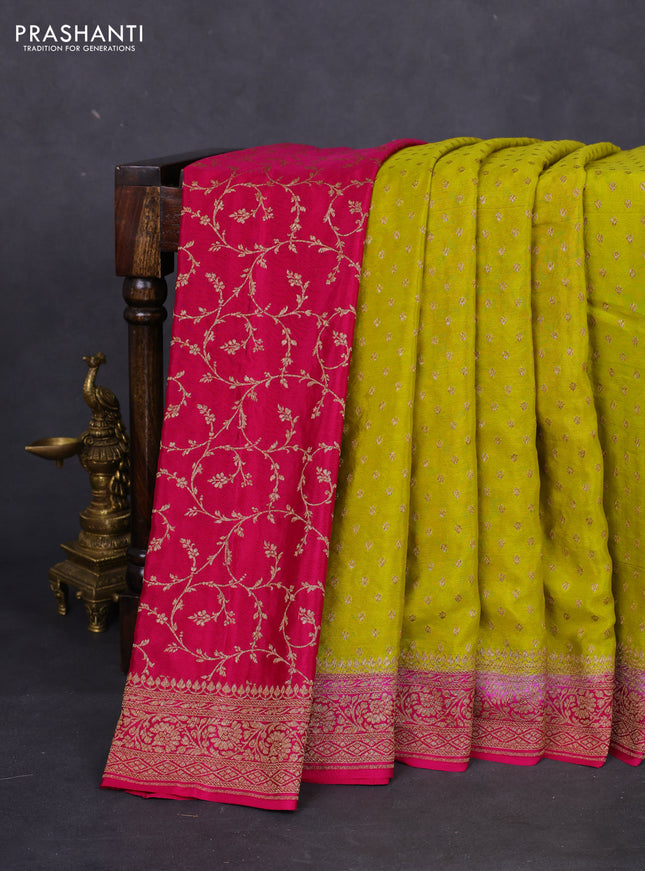 Banarasi crepe partly saree lime yellow and pink with allover thread & zari woven butta weaves and woven border