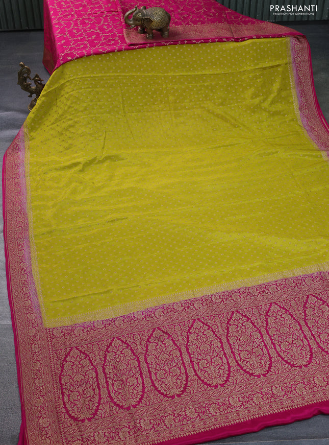 Banarasi crepe partly saree lime yellow and pink with allover thread & zari woven butta weaves and woven border