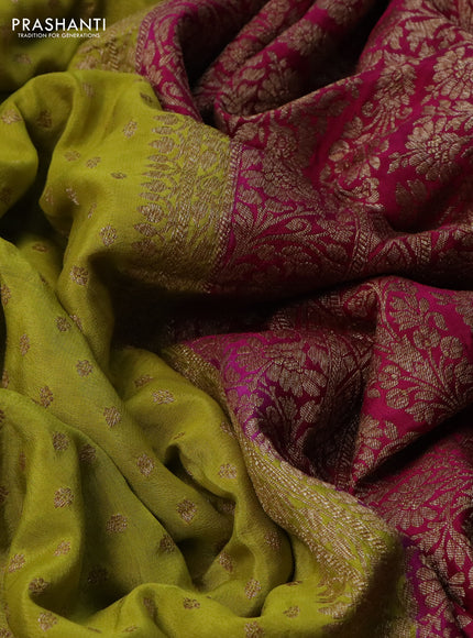 Banarasi crepe partly saree lime yellow and pink with allover thread & zari woven butta weaves and woven border