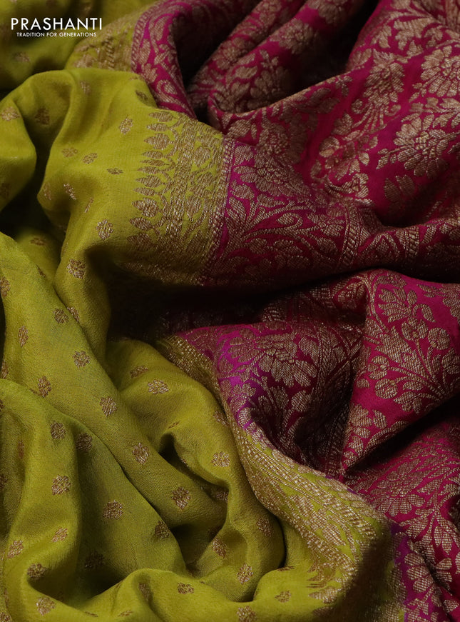 Banarasi crepe partly saree lime yellow and pink with allover thread & zari woven butta weaves and woven border