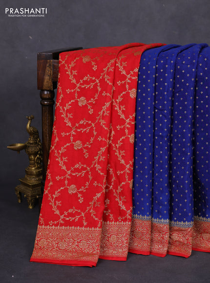 Banarasi crepe partly saree blue and red with allover thread & zari woven butta weaves and woven border