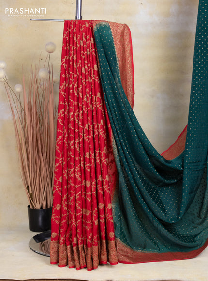 Banarasi crepe partly saree peacock green and red with allover thread & zari woven butta weaves and woven border