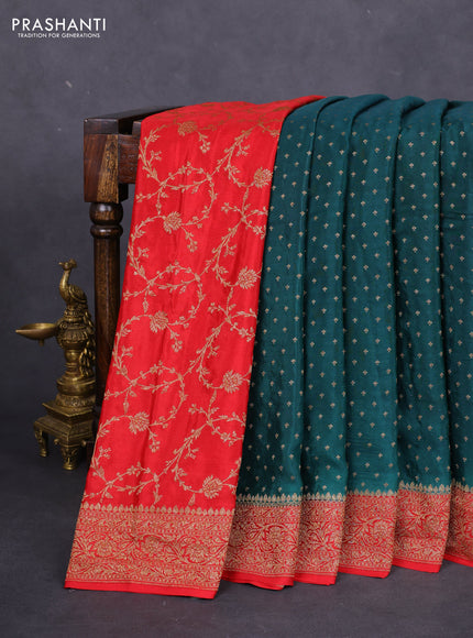 Banarasi crepe partly saree peacock green and red with allover thread & zari woven butta weaves and woven border