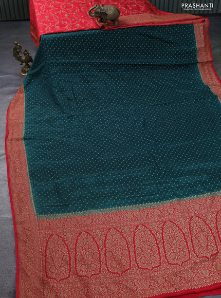 Banarasi crepe partly saree peacock green and red with allover thread & zari woven butta weaves and woven border