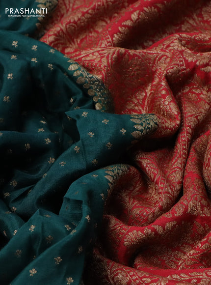 Banarasi crepe partly saree peacock green and red with allover thread & zari woven butta weaves and woven border