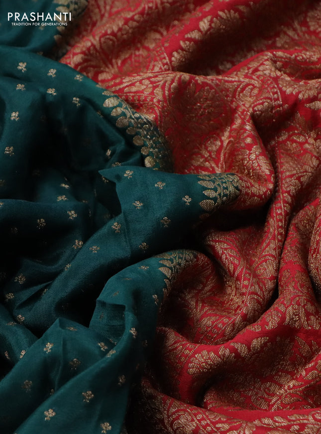Banarasi crepe partly saree peacock green and red with allover thread & zari woven butta weaves and woven border