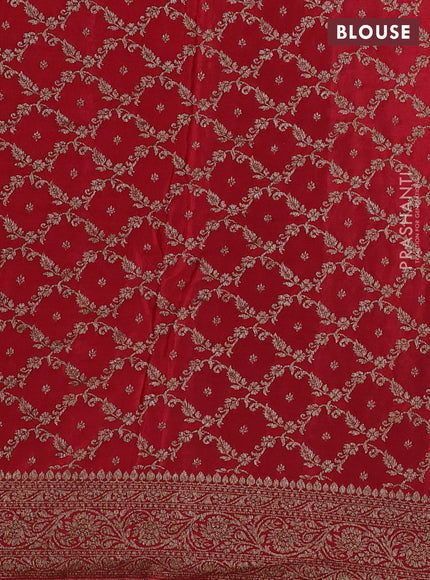 Banarasi crepe partly saree peacock green and red with allover thread & zari woven butta weaves and woven border