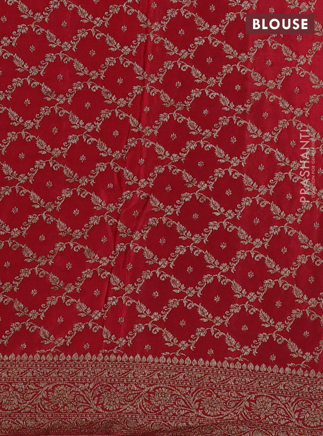 Banarasi crepe partly saree peacock green and red with allover thread & zari woven butta weaves and woven border