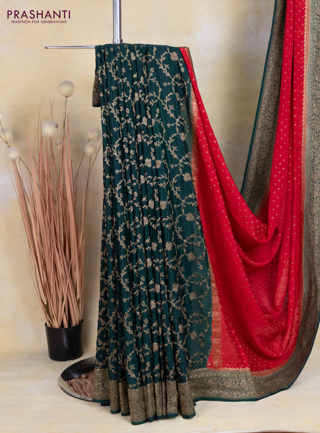 Banarasi crepe partly saree red and dark green with allover thread & zari woven butta weaves and woven border