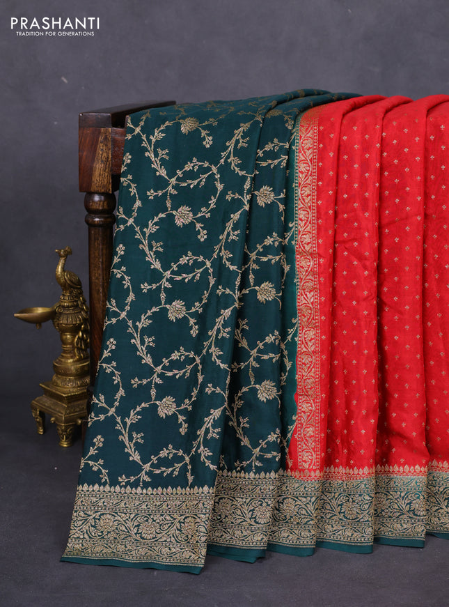 Banarasi crepe partly saree red and dark green with allover thread & zari woven butta weaves and woven border