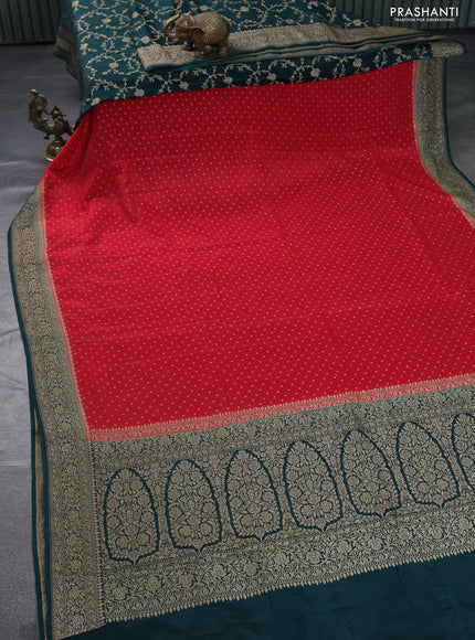 Banarasi crepe partly saree red and dark green with allover thread & zari woven butta weaves and woven border