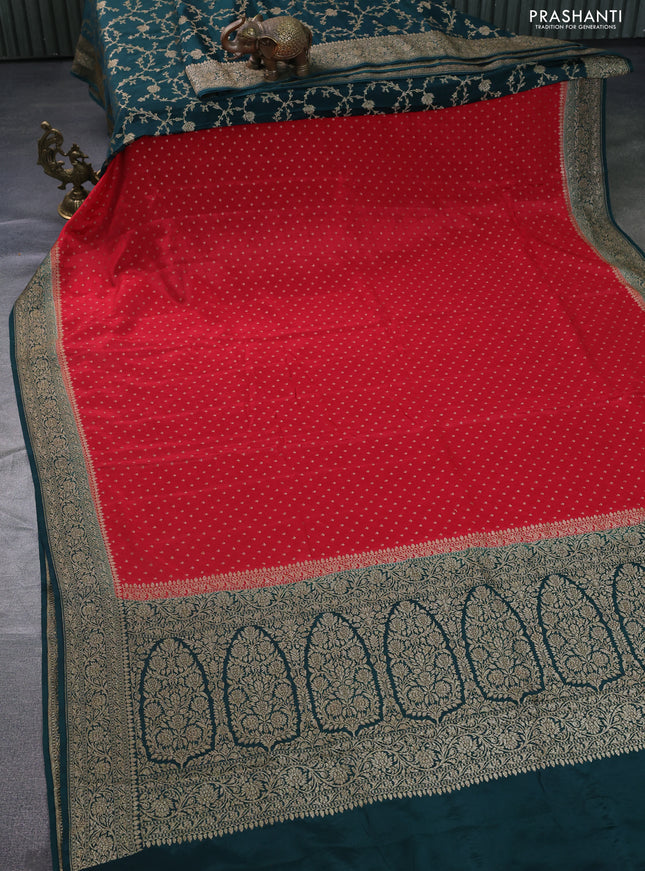 Banarasi crepe partly saree red and dark green with allover thread & zari woven butta weaves and woven border