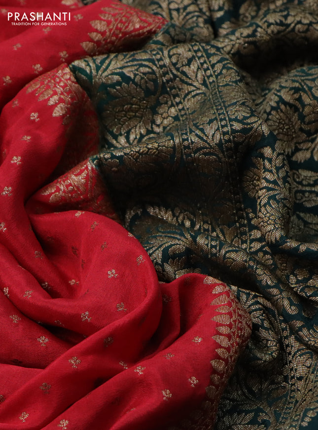 Banarasi crepe partly saree red and dark green with allover thread & zari woven butta weaves and woven border