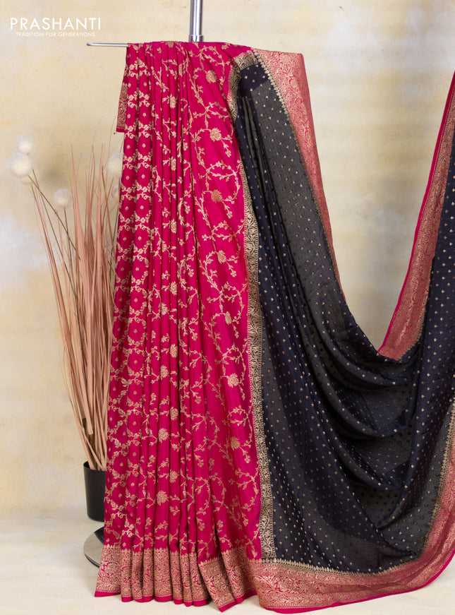 Banarasi crepe partly saree black and pink with allover thread & zari woven butta weaves and woven border