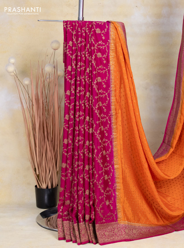 Banarasi crepe partly saree orange and pink with allover thread & zari woven butta weaves and woven border