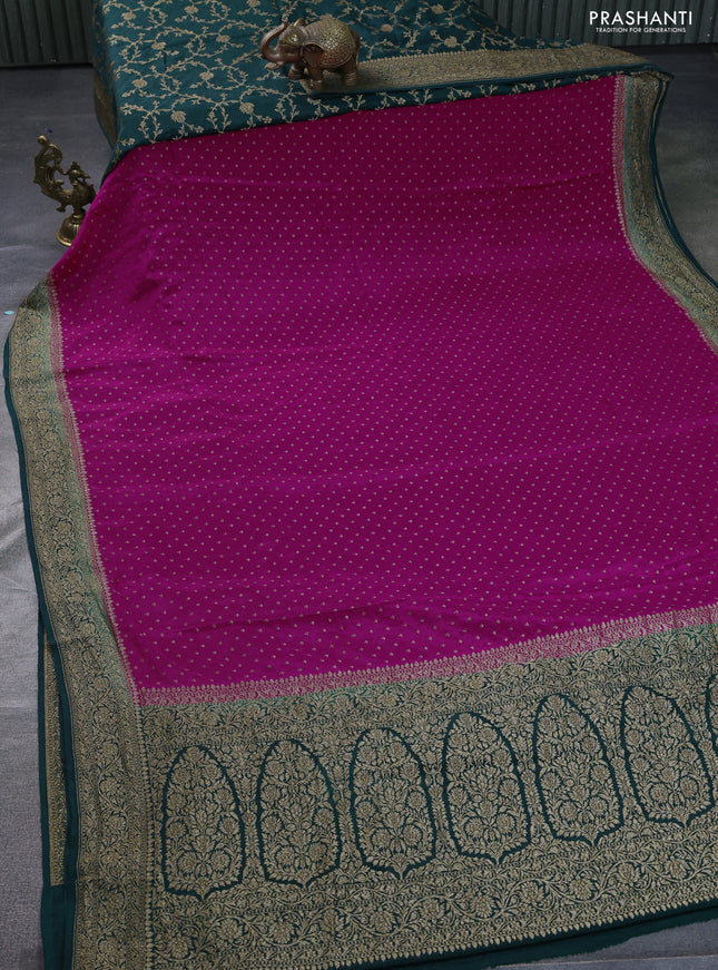 Banarasi crepe partly saree pink and dark green with allover thread & zari woven butta weaves and woven border