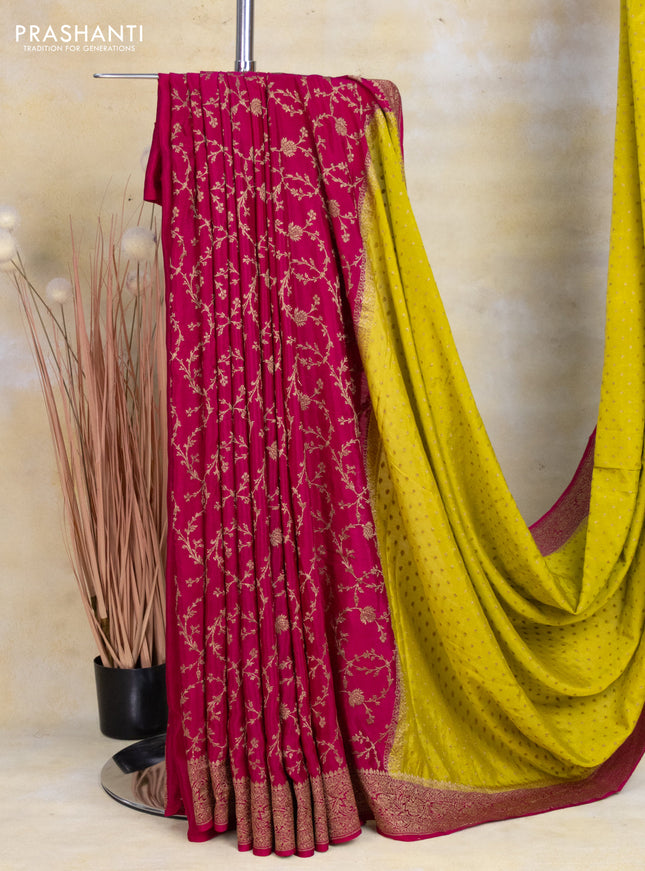 Banarasi crepe partly saree lime yellow and pink with allover thread & zari woven butta weaves and woven border