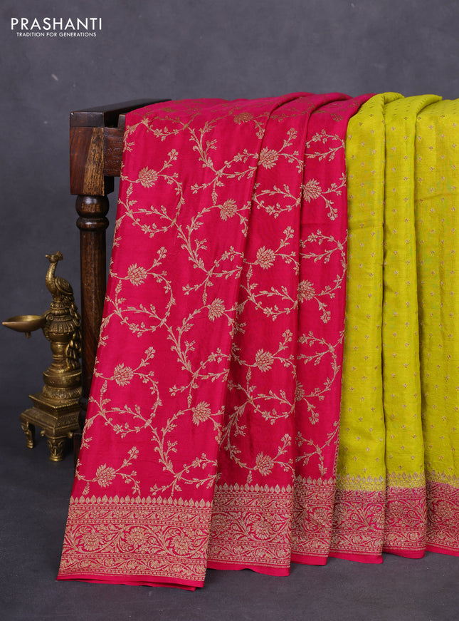 Banarasi crepe partly saree lime yellow and pink with allover thread & zari woven butta weaves and woven border