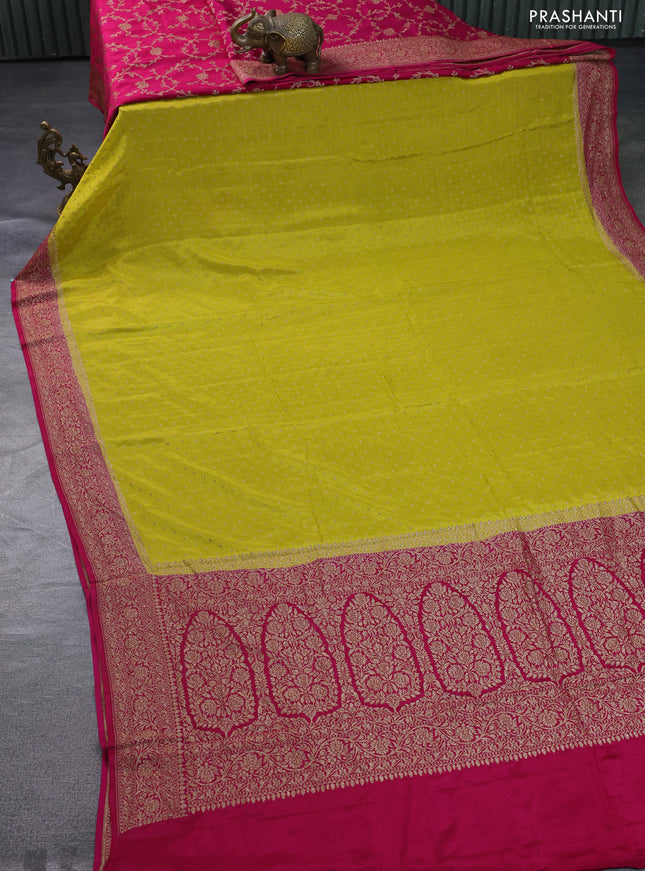 Banarasi crepe partly saree lime yellow and pink with allover thread & zari woven butta weaves and woven border