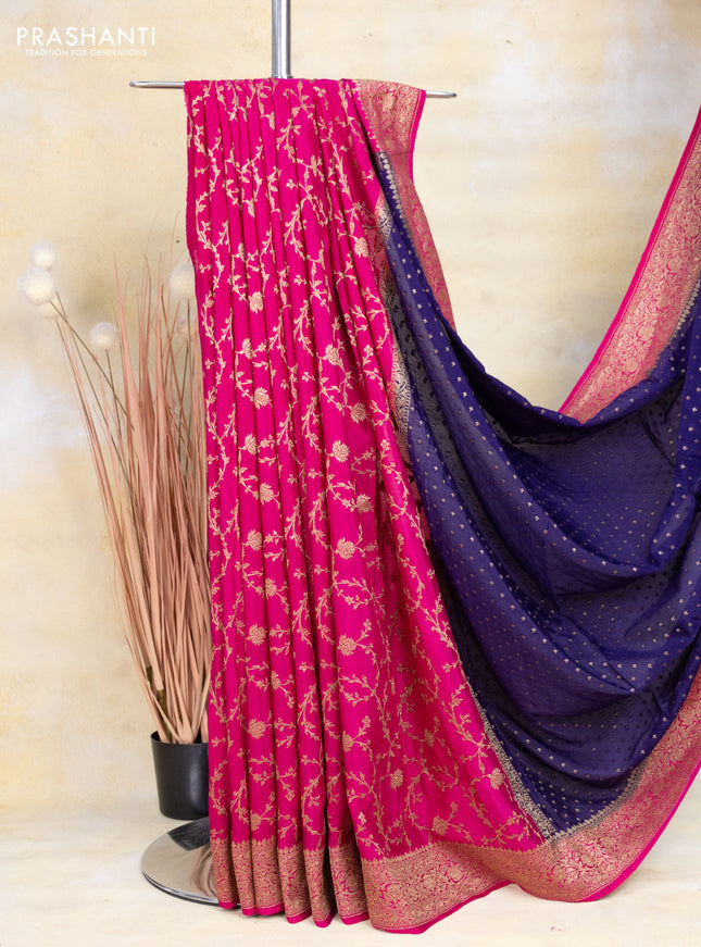 Banarasi crepe partly saree violet and pink with allover thread & zari woven butta weaves and woven border