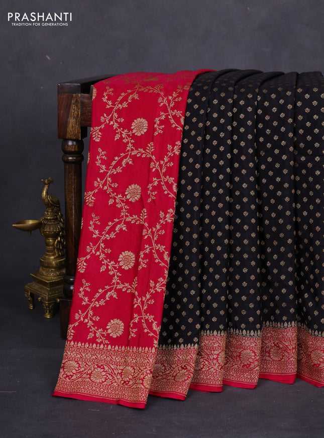 Banarasi crepe partly saree black and dark pink with allover thread & zari woven butta weaves and woven border