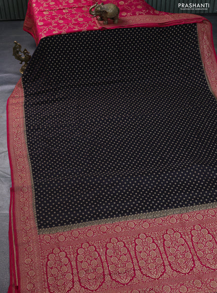 Banarasi crepe partly saree black and dark pink with allover thread & zari woven butta weaves and woven border