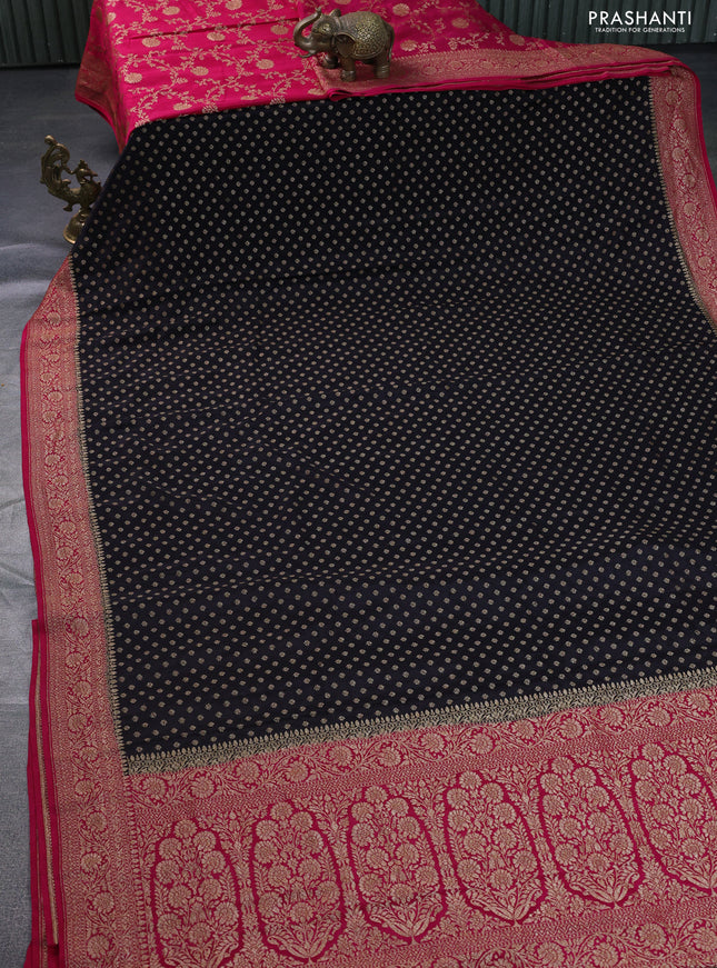 Banarasi crepe partly saree black and dark pink with allover thread & zari woven butta weaves and woven border