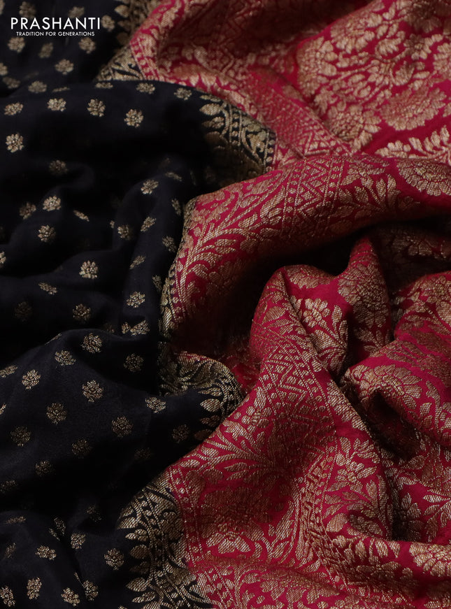 Banarasi crepe partly saree black and dark pink with allover thread & zari woven butta weaves and woven border
