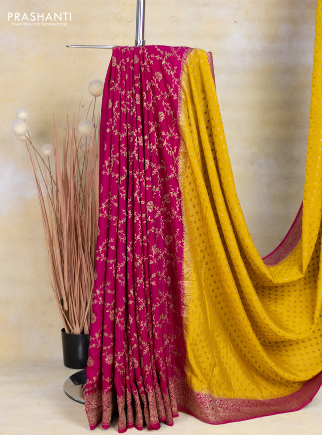 Banarasi crepe partly saree yellow and pink with allover thread & zari woven butta weaves and woven border