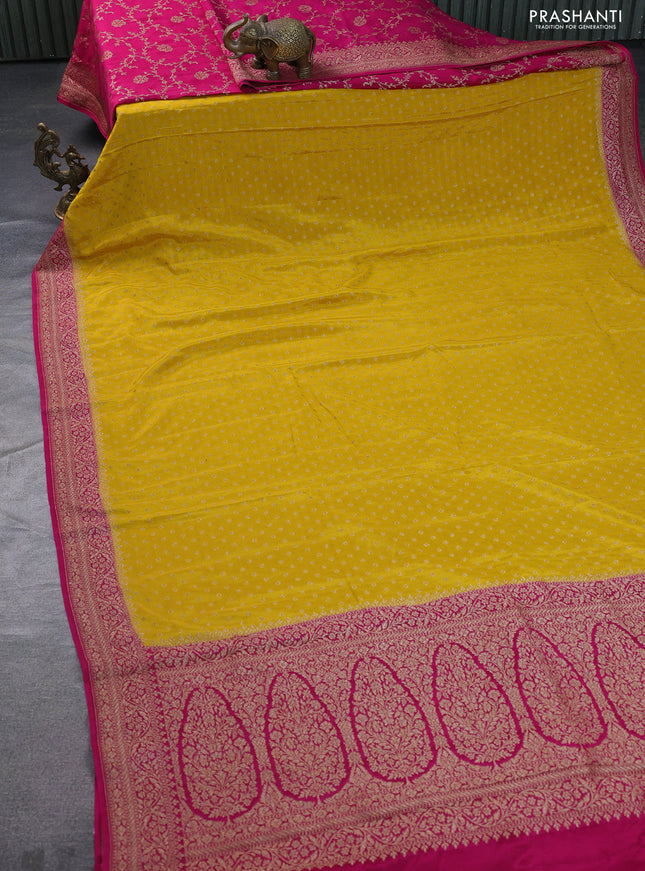 Banarasi crepe partly saree yellow and pink with allover thread & zari woven butta weaves and woven border