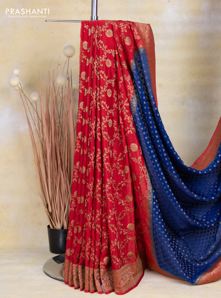 Banarasi crepe partly saree blue and red with allover thread & zari woven butta weaves and woven border