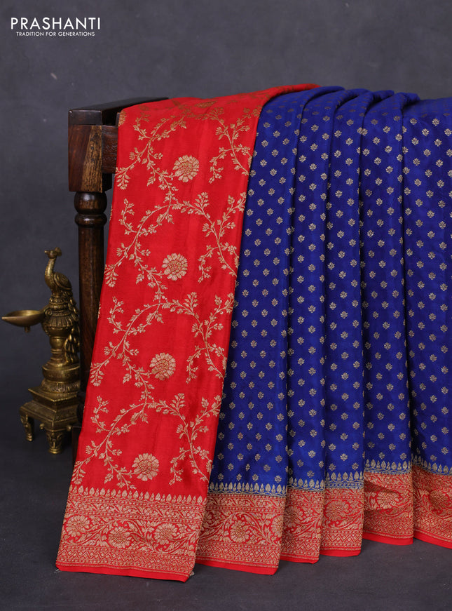 Banarasi crepe partly saree blue and red with allover thread & zari woven butta weaves and woven border