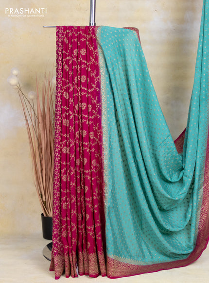 Banarasi crepe partly saree teal blue and pink with allover thread & zari woven butta weaves and woven border