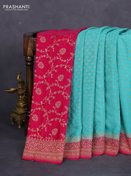 Banarasi crepe partly saree teal blue and pink with allover thread & zari woven butta weaves and woven border