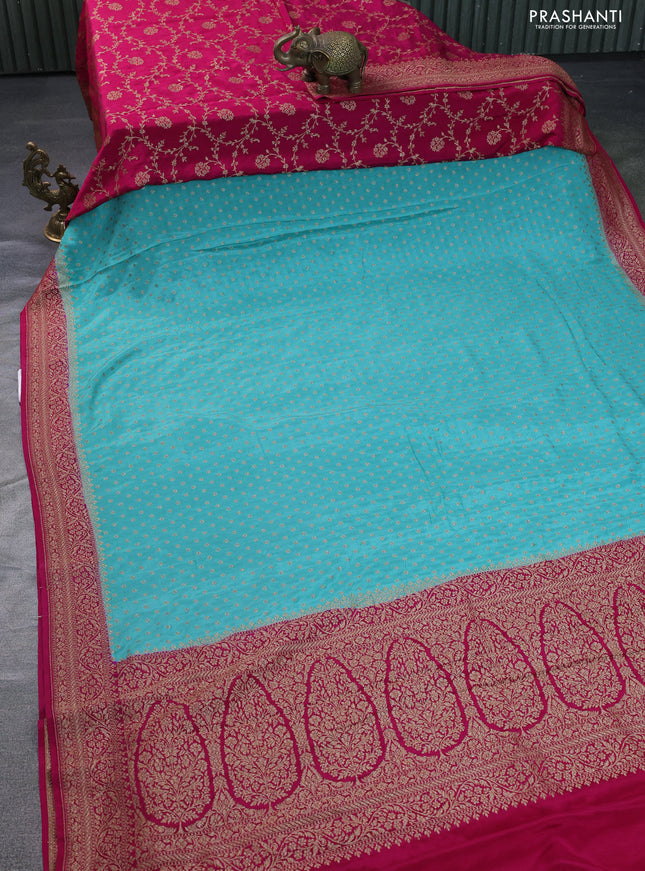 Banarasi crepe partly saree teal blue and pink with allover thread & zari woven butta weaves and woven border
