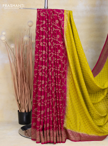Banarasi crepe partly saree lime green and pink with allover thread & zari woven butta weaves and woven border