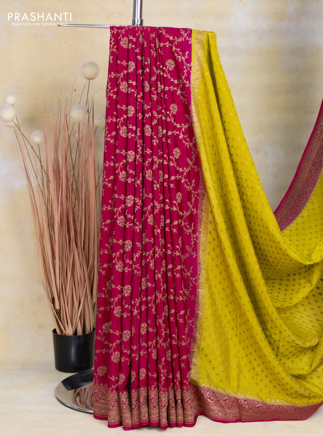 Banarasi crepe partly saree lime green and pink with allover thread & zari woven butta weaves and woven border
