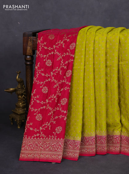Banarasi crepe partly saree lime green and pink with allover thread & zari woven butta weaves and woven border