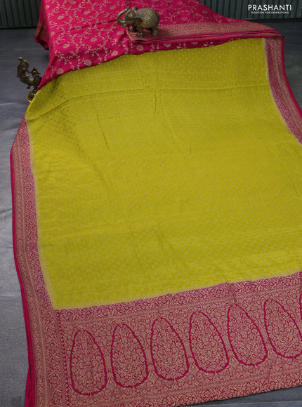 Banarasi crepe partly saree lime green and pink with allover thread & zari woven butta weaves and woven border