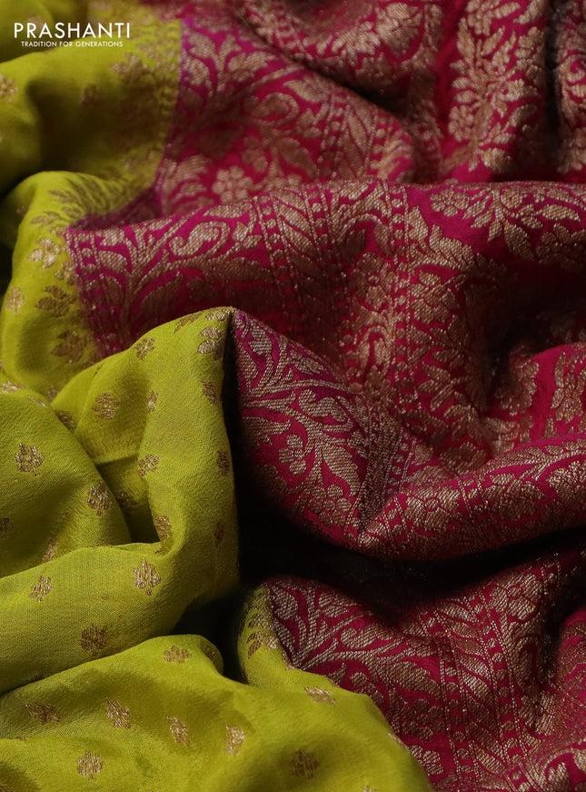 Banarasi crepe partly saree lime green and pink with allover thread & zari woven butta weaves and woven border