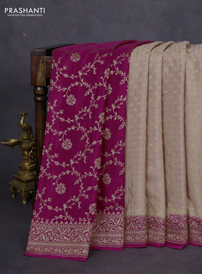 Banarasi crepe partly saree pastel peach shade and pink with allover thread & zari woven butta weaves and woven border