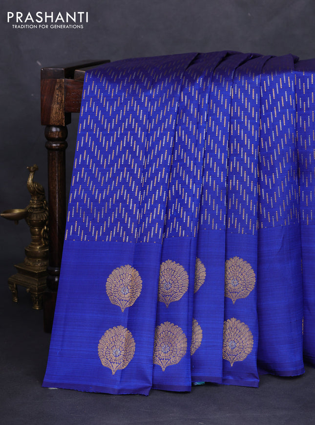 Pure kanchipuram silk saree blue and teal blue with allover silver & gold zari woven buttas and zari woven butta border