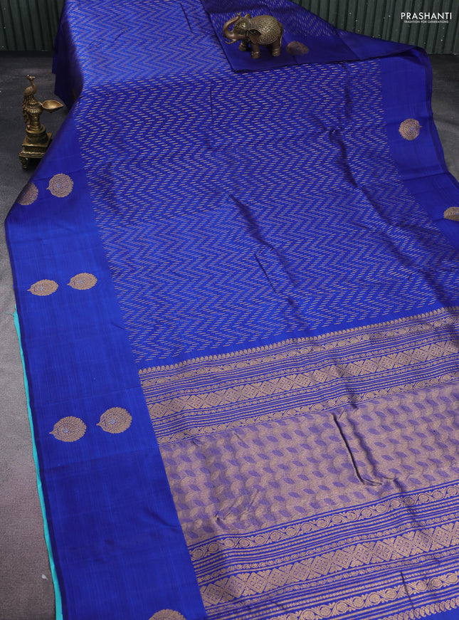 Pure kanchipuram silk saree blue and teal blue with allover silver & gold zari woven buttas and zari woven butta border