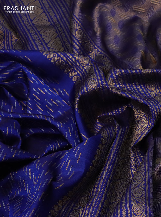 Pure kanchipuram silk saree blue and teal blue with allover silver & gold zari woven buttas and zari woven butta border