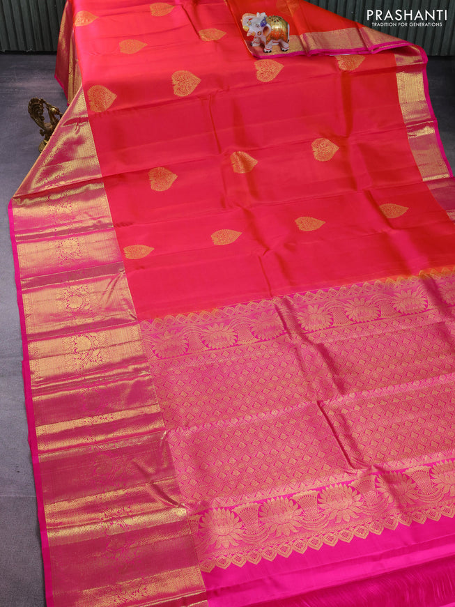 Pure kanchipuram silk saree dual shade of pinkish orange and pink with zari woven buttas and long zari woven border